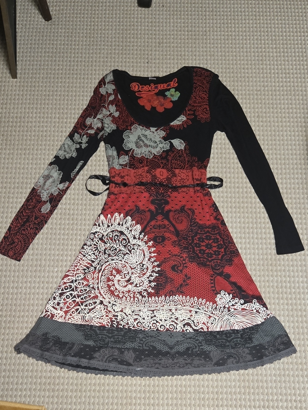 Desigual Black Red and White Floral Paisley Long Sleeve Fit-and-Flare Dress